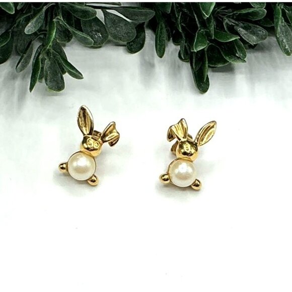 Gold Tone Faux Pearl Bunny Stud Earrings by AVON - Picture 3 of 5